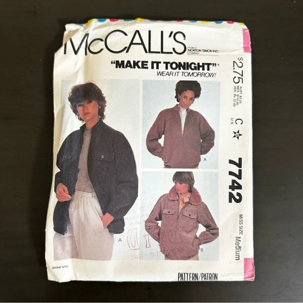 Vintage Sewing Pattern McCall’s Make It Tonight Bomber Jacket Coat 1980s 80s